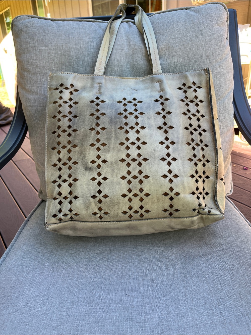 PATRICIA NASH Laser Cut Out Green Leather Tote